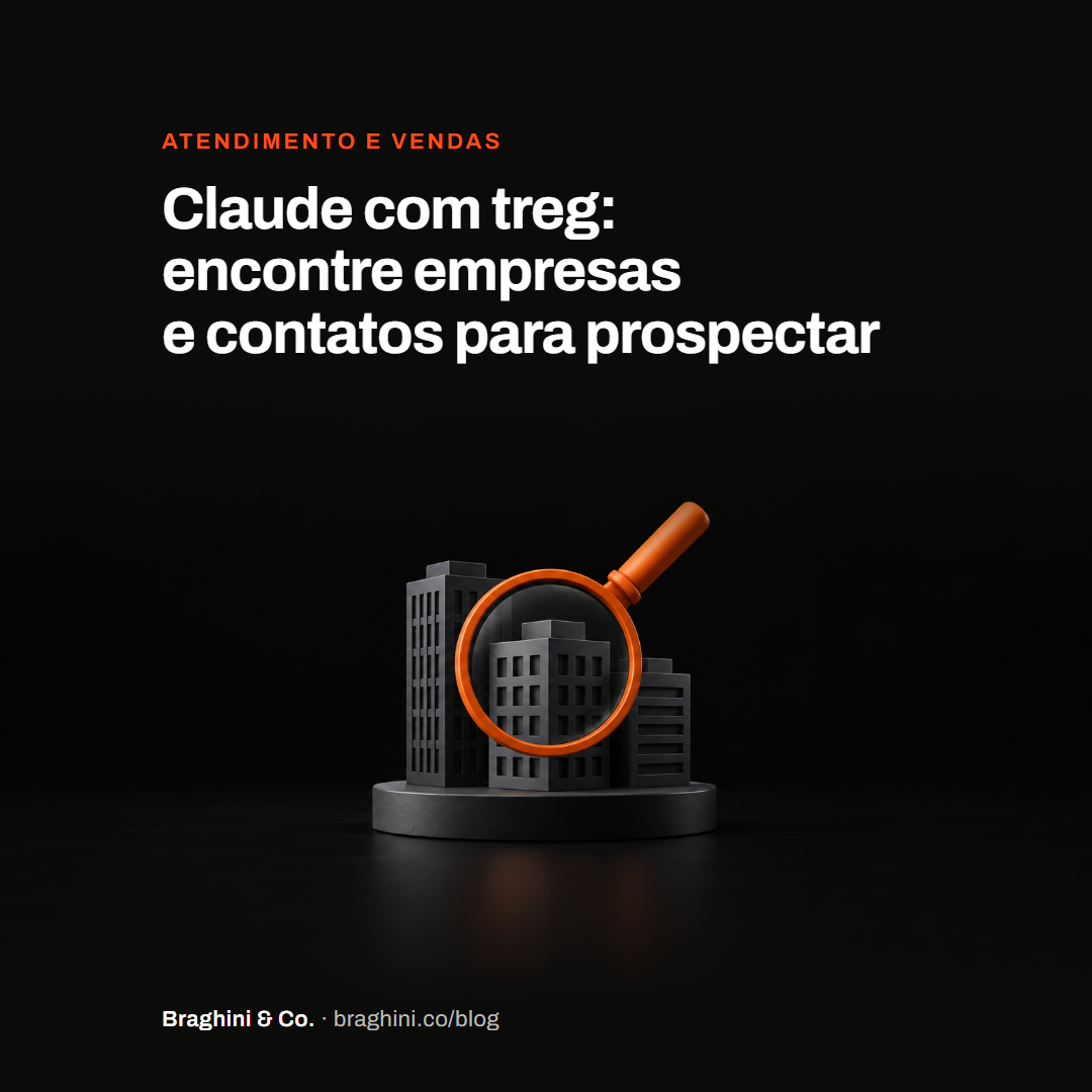 Lupa laranja diante de pequenos prédios grafite sobre fundo quase preto, representando a busca e a revisão de empresas para uma lista de prospecção.