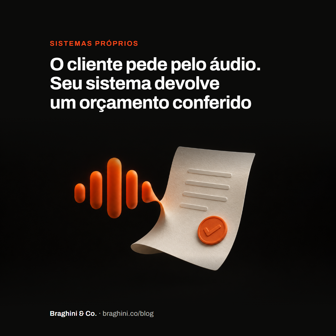 Onda sonora laranja se transforma em uma folha de orçamento com selo de conferência sobre fundo quase preto.
